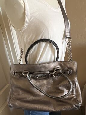 Michael Kors Metallic Pewter Satchel Bag Silver Hardware Chain Buckle Accent